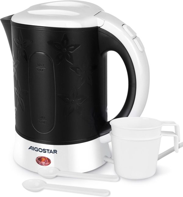 Aigostar Cooltravel - Waterkoker - Elektrisch - 0.6Liter - Inclusief 2 bekers - reiswaterkoker - Mini travel camping waterkoker - Zwart