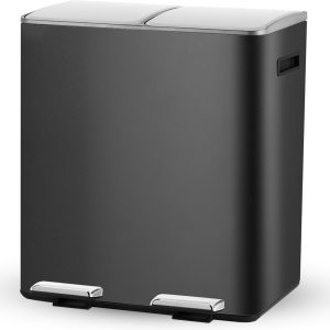 Bayt Prullenbak - Prullenbak 60 Liter (2x30) - Vuilnisbak 60 Liter - Pedaalemmer 60 Liter - Prullenbak Afvalscheiding - Prullenbak 2 Vakken - Afvalbak - RVS - Zwart/Zilver