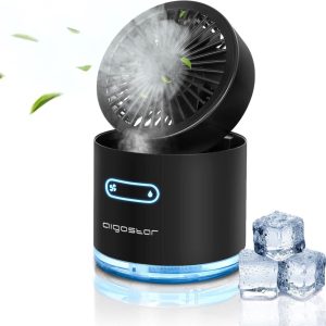 Aigostar Tafelventilator - Mini mist ventilator - Portable luchtbevochtiger - Mini luchtkoeler- USB - met LED nachtlampje - Zwart
