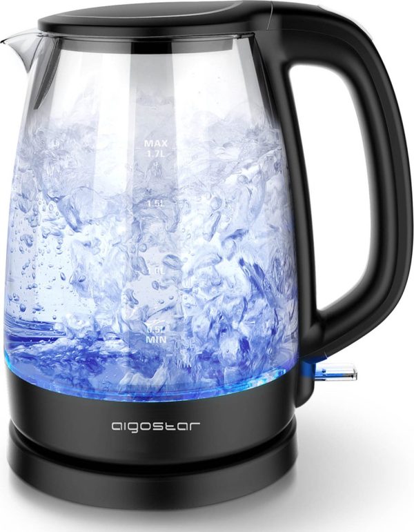 Aigostar Adam 30GOM - Glazen Waterkoker met LED - 1,7L - 360° draaibaar - Blauw LED verlichting - 2200W - Zwart