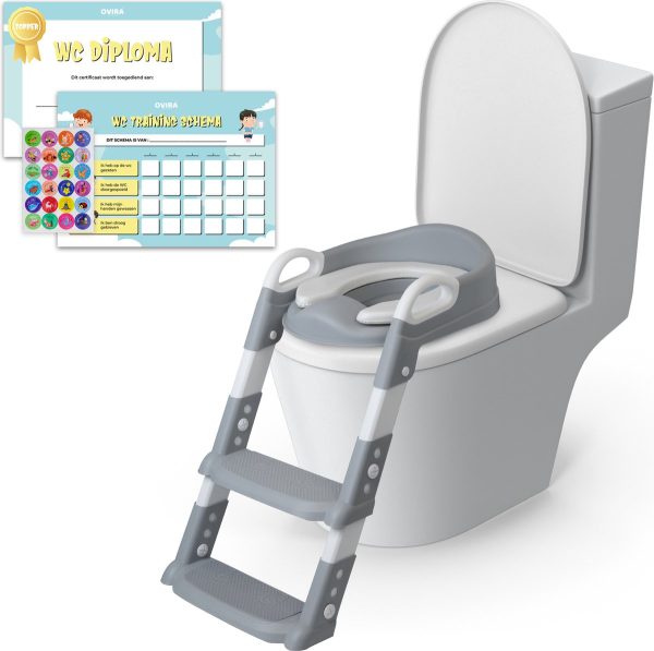 Opvouwbare WC Verkleiner met Trapje – Toilettrainer voor Kinderen van 2 tot 7 Jaar – Grijs – Comfortabele en Veilige WC Bril Verkleiner voor Peuters