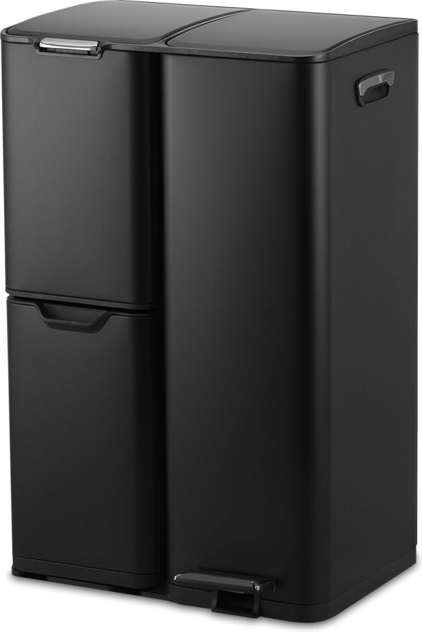 Bayt Prullenbak - Prullenbak 60 Liter - Vuilnisbak 60 Liter - Pedaalemmer 60 Liter - Prullenbak Afvalscheiding - Prullenbak 3 Vakken - Afvalbak - RVS - Zwart