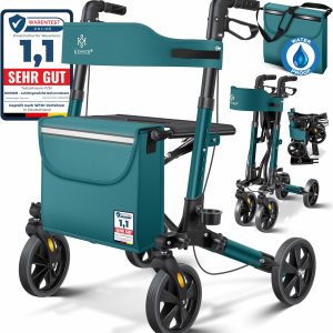 KESSER® Rollator Lichtgewicht | Aluminium Rollatorset driemaal opvouwbaar met Zitfunctie voor Binnen en Buiten | looprek in hoogte verstelbaar inclusief Rollator-Tas, Stokhouder en Rugband, Petrol