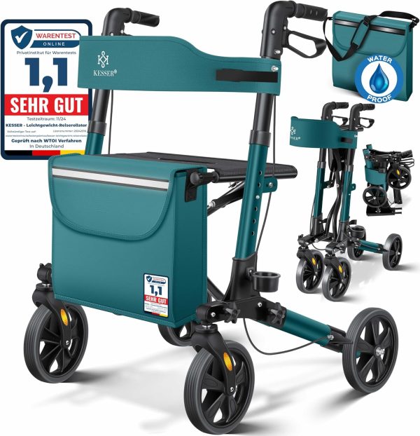 KESSER® Rollator Lichtgewicht | Aluminium Rollatorset driemaal opvouwbaar met Zitfunctie voor Binnen en Buiten | looprek in hoogte verstelbaar inclusief Rollator-Tas, Stokhouder en Rugband, Petrol