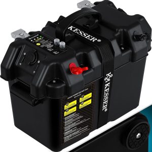 KESSER® Accubox voor bootmotor, elektromotor, buitenboard, batterijbox, boten, USB en 12V-aansluiting, accu, sigarettenaansteker, led-display, zwart