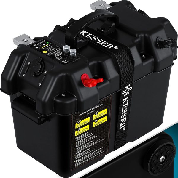 KESSER® Accubox voor bootmotor, elektromotor, buitenboard, batterijbox, boten, USB en 12V-aansluiting, accu, sigarettenaansteker, led-display, zwart
