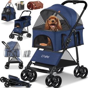 LOVPET® Hondenwagen, 2-in-1 hondenbuggy, hondenbench, transporttas, opvouwbaar, tot 20 kg, huisdieren, buggy met gaasramen en regenhoes, jogger, kattenbuggy voor kleine honden en katten, Blauw