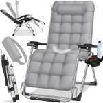 KESSER® Ligstoel Opvouwbaar Met Drinkhouder Tuinstoel Met Kussen, Ligbed, Extra Grote Tuinligstoel, Verstelbare Rugleuning Tuinligstoel Met Kussensteun - Grijs