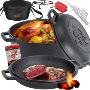 KESSER® Dutch Oven Gietijzeren Pan 1,8L en Gietijzeren Pot 4,8L met Deksel voor Buiten & Binnen BBQ Multifunctionele Kookset - Barbecuepan Braadpan inclusief Receptenboek - Zwart