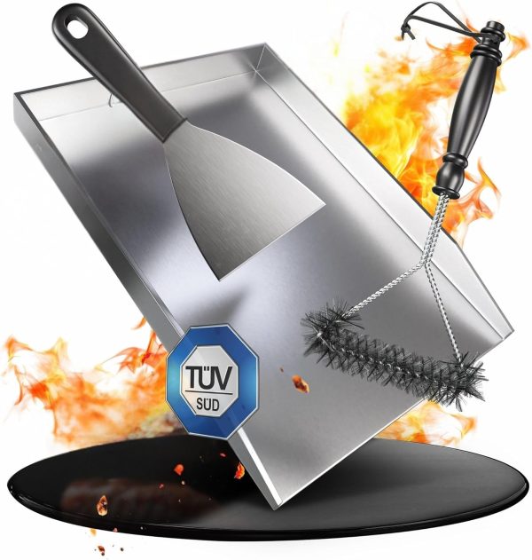 Valuents® Plancha grillplaat van dik en roestvrij staal, 44,5 x 26 cm, geschikt voor barbecue, gasgrill en kolenbarbecue, plus: borstel en grillspatel