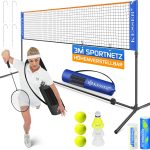 KESSER® Badmintonnet - Tennisnet, Shuttlebalnet 3-Voudig Verstelbaar 107/120/155cm, Set met Net, 3x Shuttlebal, Stevig IJzeren Frame, Draagtas, Indoor & Outdoor