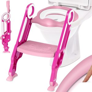 Kidiz Toiletbril voor kinderen, met trap en handgrepen, opvouwbaar, kindertoilet, toiletbril, potjestrainer, leerpotje, comfortabel kussen en brede treden, toilettrap, in hoogte verstelbaar, roze
