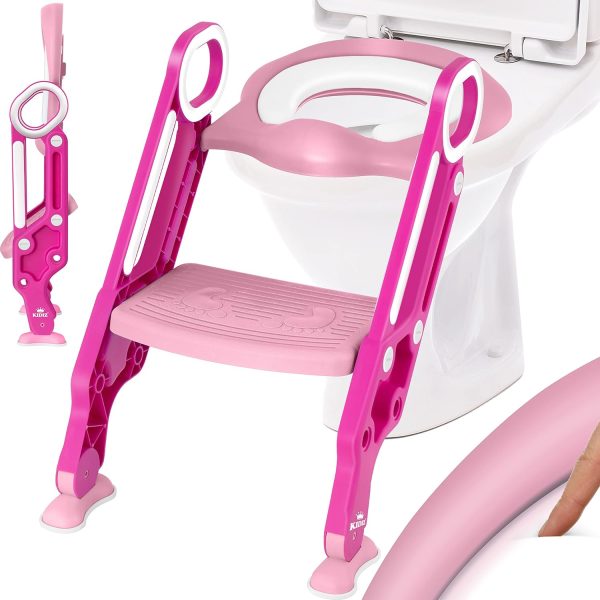 Kidiz Toiletbril voor kinderen, met trap en handgrepen, opvouwbaar, kindertoilet, toiletbril, potjestrainer, leerpotje, comfortabel kussen en brede treden, toilettrap, in hoogte verstelbaar, roze