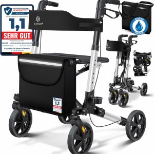 KESSER® Rollator Lichtgewicht | Aluminium Rollatorset driemaal opvouwbaar met Zitfunctie voor Binnen en Buiten | looprek in hoogte verstelbaar inclusief Rollator-Tas, Stokhouder en Rugband, Zwart