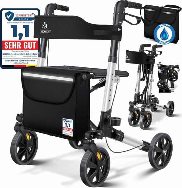 KESSER® Rollator Lichtgewicht | Aluminium Rollatorset driemaal opvouwbaar met Zitfunctie voor Binnen en Buiten | looprek in hoogte verstelbaar inclusief Rollator-Tas, Stokhouder en Rugband, Zwart