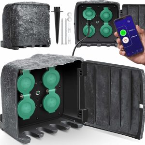 KESSER® Tuinstopcontact, steenlook met 4 stopcontacten, met wifi-functie, bediening via app, incl. grondpen, meervoudige stopcontacten voor buiten, met 3 m verlengkabel, buitenstopcontact, IP44