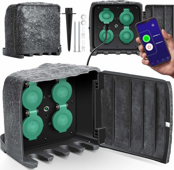 KESSER® Tuinstopcontact, steenlook met 4 stopcontacten, met wifi-functie, bediening via app, incl. grondpen, meervoudige stopcontacten voor buiten, met 3 m verlengkabel, buitenstopcontact, IP44