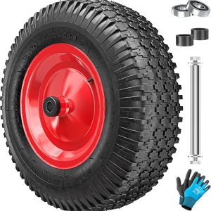 MASKO® Kruiwagenwiel, luchtbanden, 250 kg, reservewiel, luchtbanden, kruiwagen, tuinwagen, 40 cm, extra breed, 9,5 cm, lekbestendige banden met stalen velg en handschoenen, koolstofstalen kogellagers