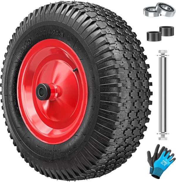 MASKO® Kruiwagenwiel, luchtbanden, 250 kg, reservewiel, luchtbanden, kruiwagen, tuinwagen, 40 cm, extra breed, 9,5 cm, lekbestendige banden met stalen velg en handschoenen, koolstofstalen kogellagers