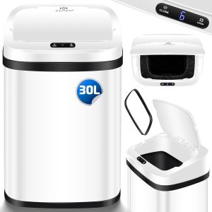 KESSER® Vuilnisbak voor in de keuken, 30 liter, automatisch met bewegingssensor, afvalemmer en soft-close-deksel, vuilnisemmer met touch-bedieningspaneel en sensor, lcd-display, roestvrij staal, Wit