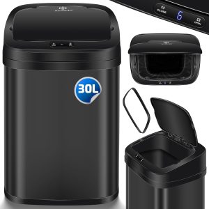 KESSER® Vuilnisbak voor in de keuken, 30 liter, automatisch met bewegingssensor, afvalemmer en soft-close-deksel, vuilnisemmer met touch-bedieningspaneel en sensor, lcd-display, roestvrij staal, Black