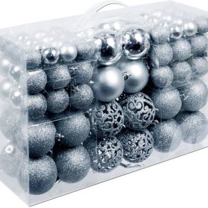 Christmas Gifts Kerstballen Set Silver - 100 Kunststof Kerstballen - Verschillende Afwerkingen - Ø 3/4/6 cm